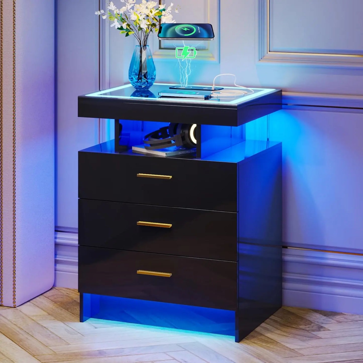 Nightstand With Wireless Charging And Auto Sensor LED End Table