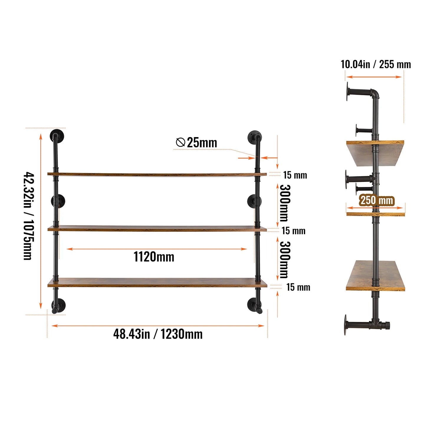 Industrial Pipe Shelf Wall Mount Rustic Wood Shelves Bracket Rack