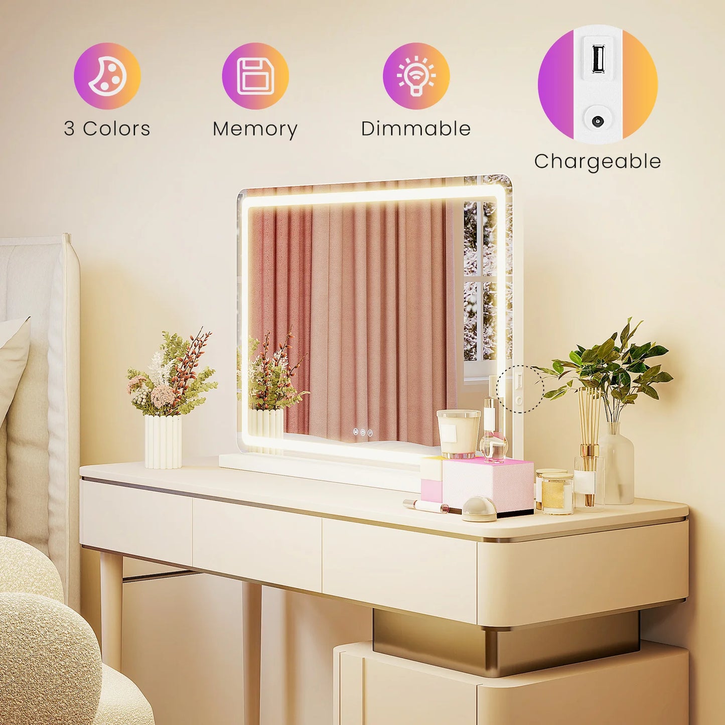 JHK LED Vanity Mirror With Lights Dimmable 3 Color Modes