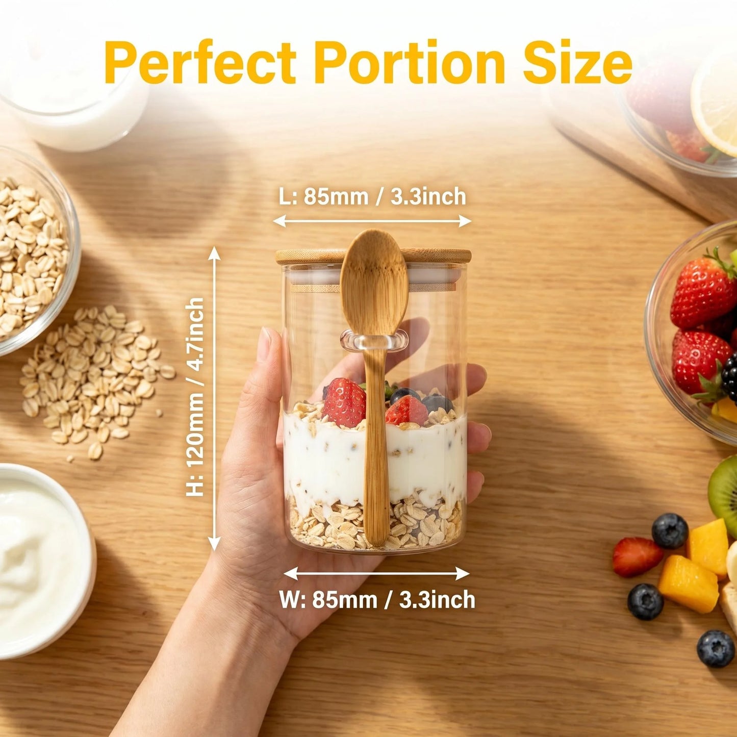 8 Pack Overnight Oats Glass Jars with Wooden Spoon, Airtight Glass Food Storage Containers, Reusable Yogurt Parfait Cups for Meal Prep, Cereal, Chia Pudding, Snack & Kitchen Pantry