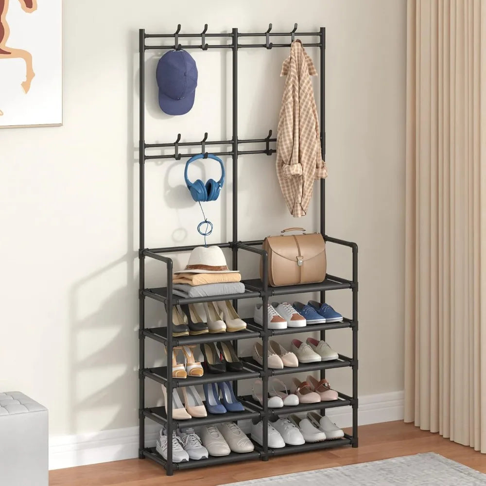 5 Tier Entryway Storage Bench with Coat Hooks and Shoe Rack for Bedroom Hallway Office Black