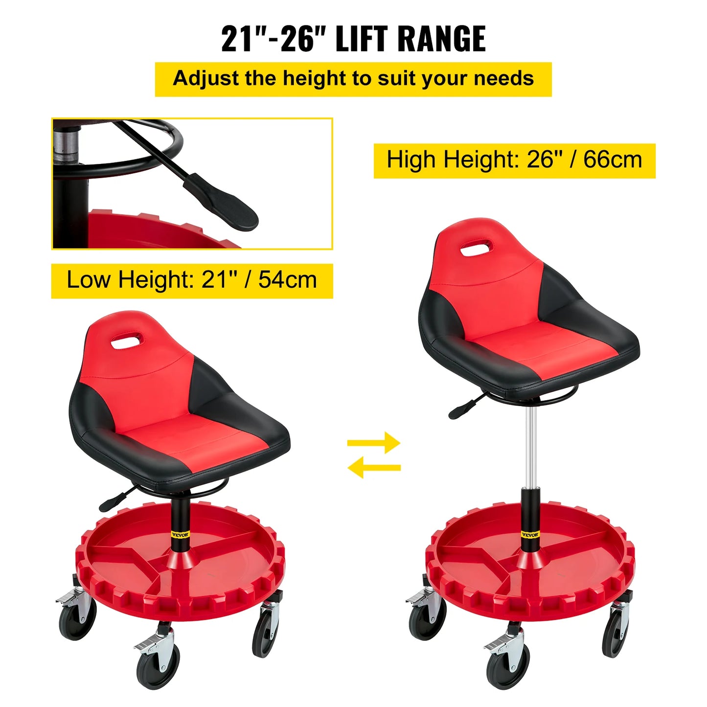 SucceBuy Rolling Garage Stool With Adjustable Height And Swivel Casters