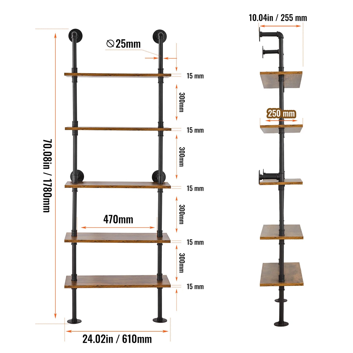 Industrial Pipe Shelf Wall Mount Rustic Wood Shelves Bracket Rack