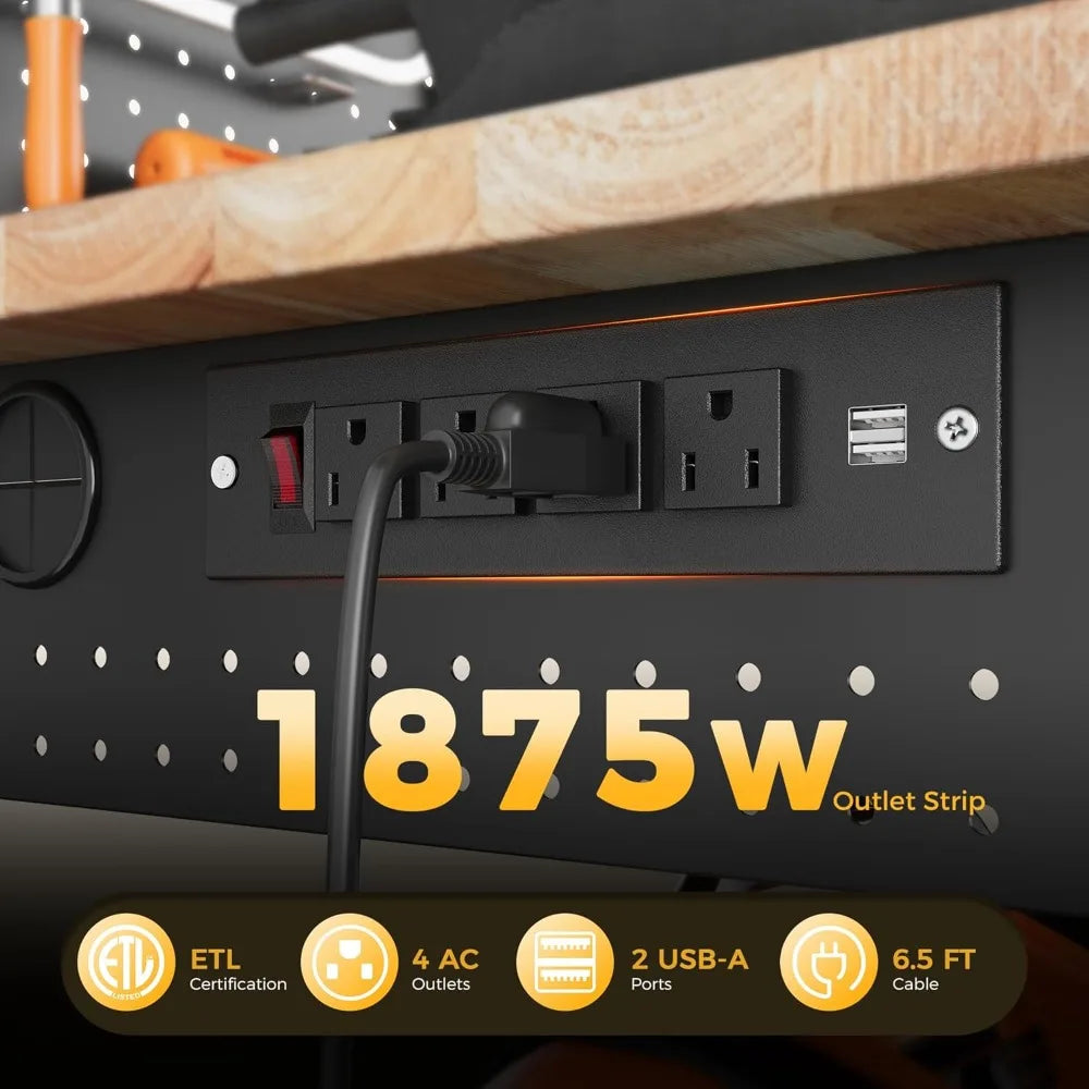 60" Adjustable Workbench with Storage Shelf, LED Light & Power Strip - 2000LBS Capacity