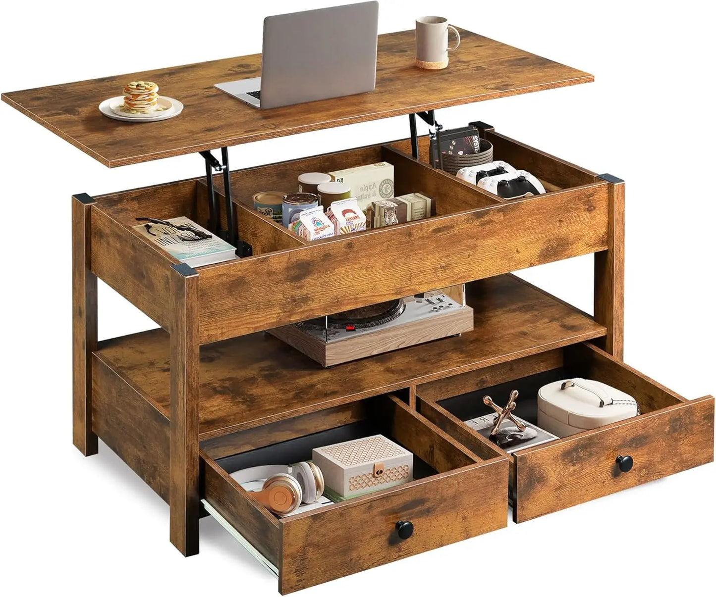 Lift Top Coffee Table With Drawers And LED Light Storage