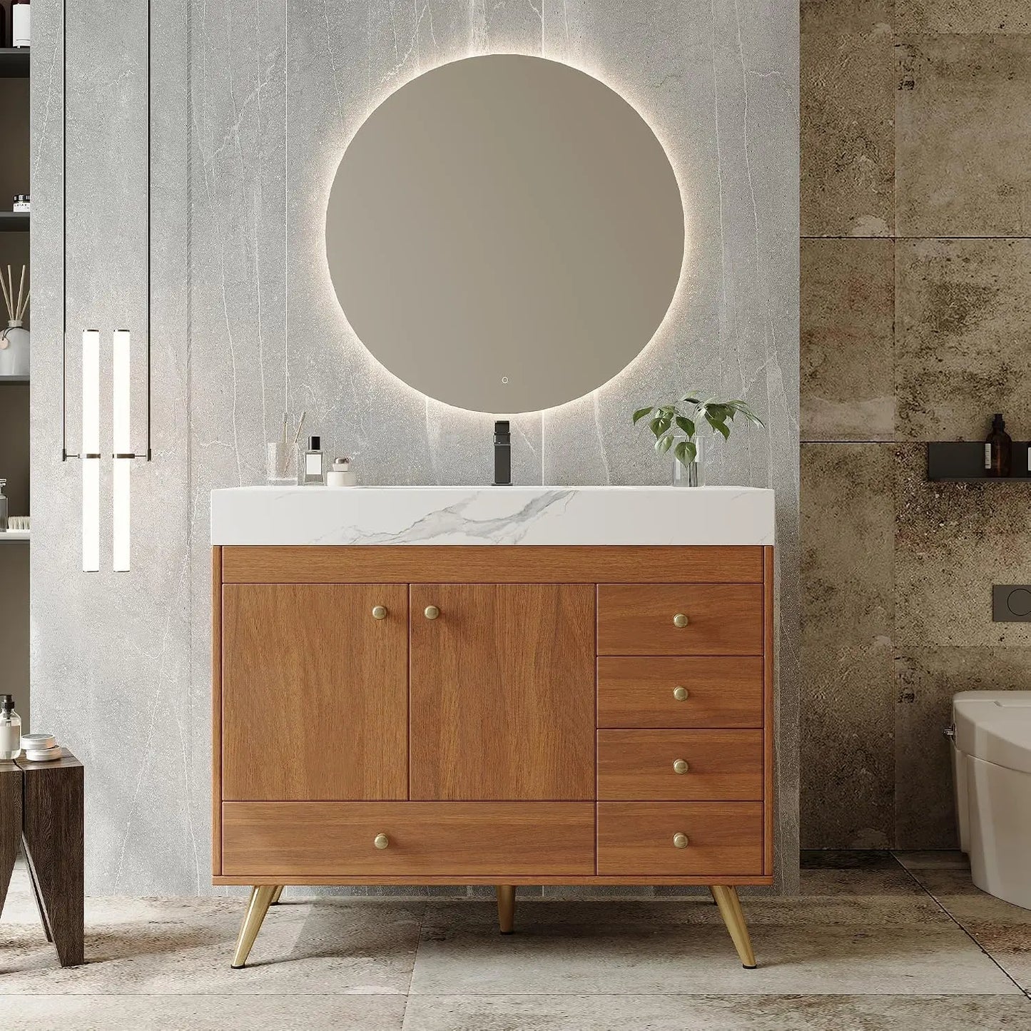 36" Freestanding Bathroom Vanity, Black & White | Ceramic Sink, Faux Marble Top, 5 Drawers, 2 Soft-Close Doors Cabinet, Custom