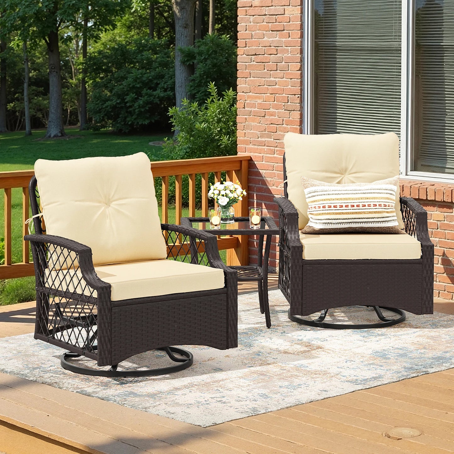 Farini 3-Piece Swivel Patio Bistro Set, Wicker Furniture, Swivel Glider Chairs with Cushions & Table,All-Weather Rattan, Porch