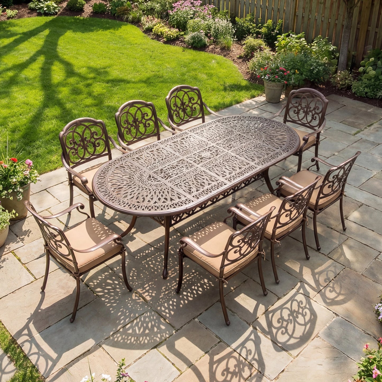 9-Piece Outdoor Patio Dining Set for 8 with Umbrella Hole, 86.6" Oval Cast Aluminum All-Weather Outdoor Table and Chairs with Cu