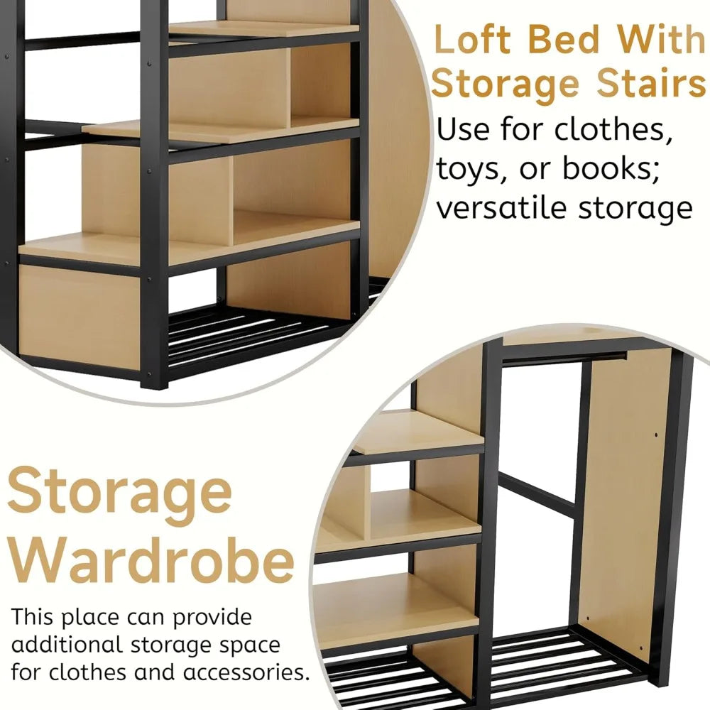 Metal Loft Bed With Stairs And Wardrobe Storage Shelves