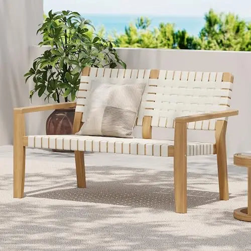 Outdoor Two-Person Bench Featuring Acacia Wood Frame And White Woven Rope Seating For Patio Garden Balcony Use