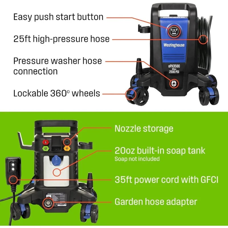 Electric Pressure Washer 3500 PSI With Soap Tank And Nozzles