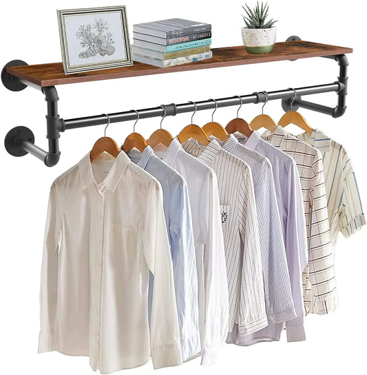 Wall Mounted Industrial Pipe Clothes Rack With Wood Shelf Storage
