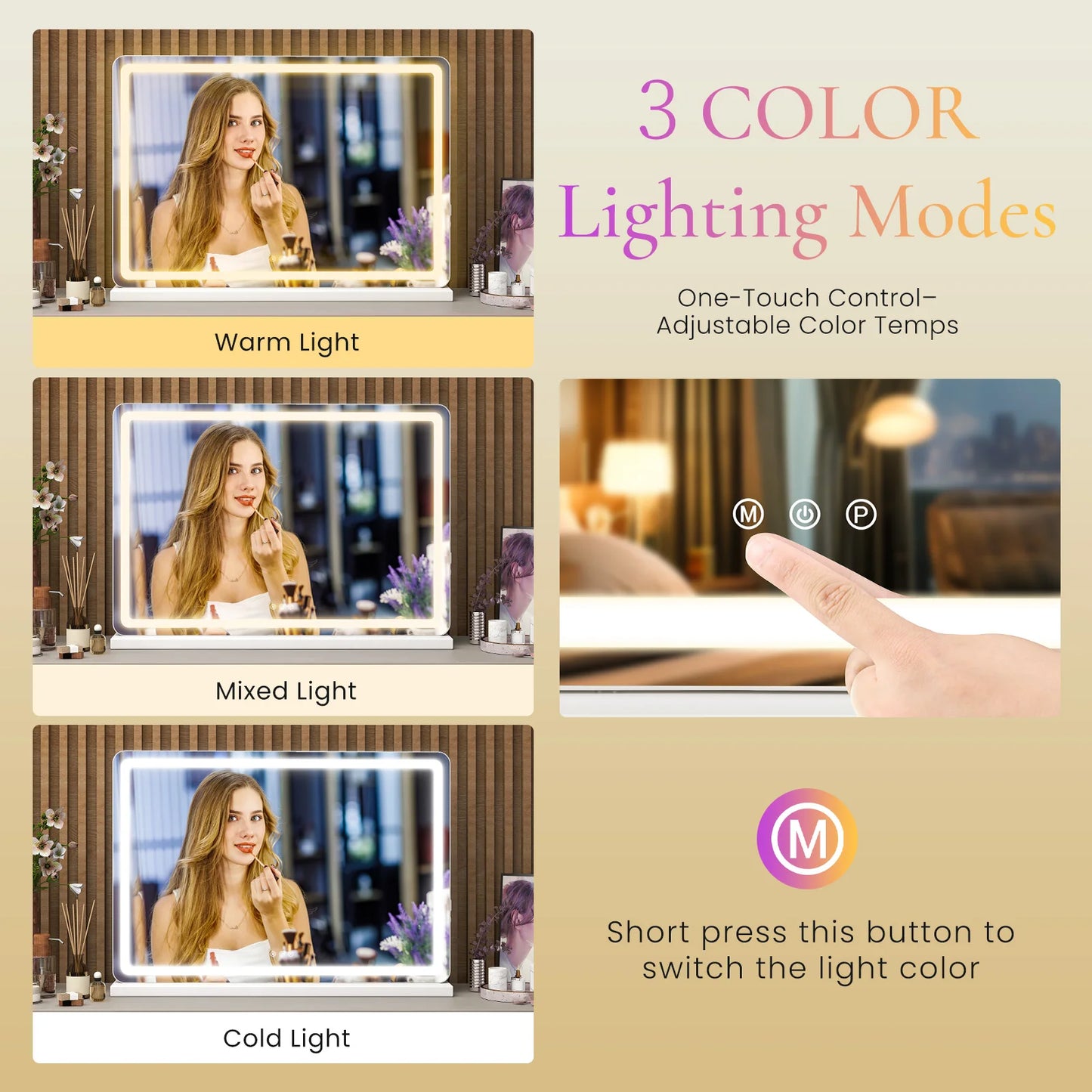 JHK LED Vanity Mirror With Lights Dimmable 3 Color Modes