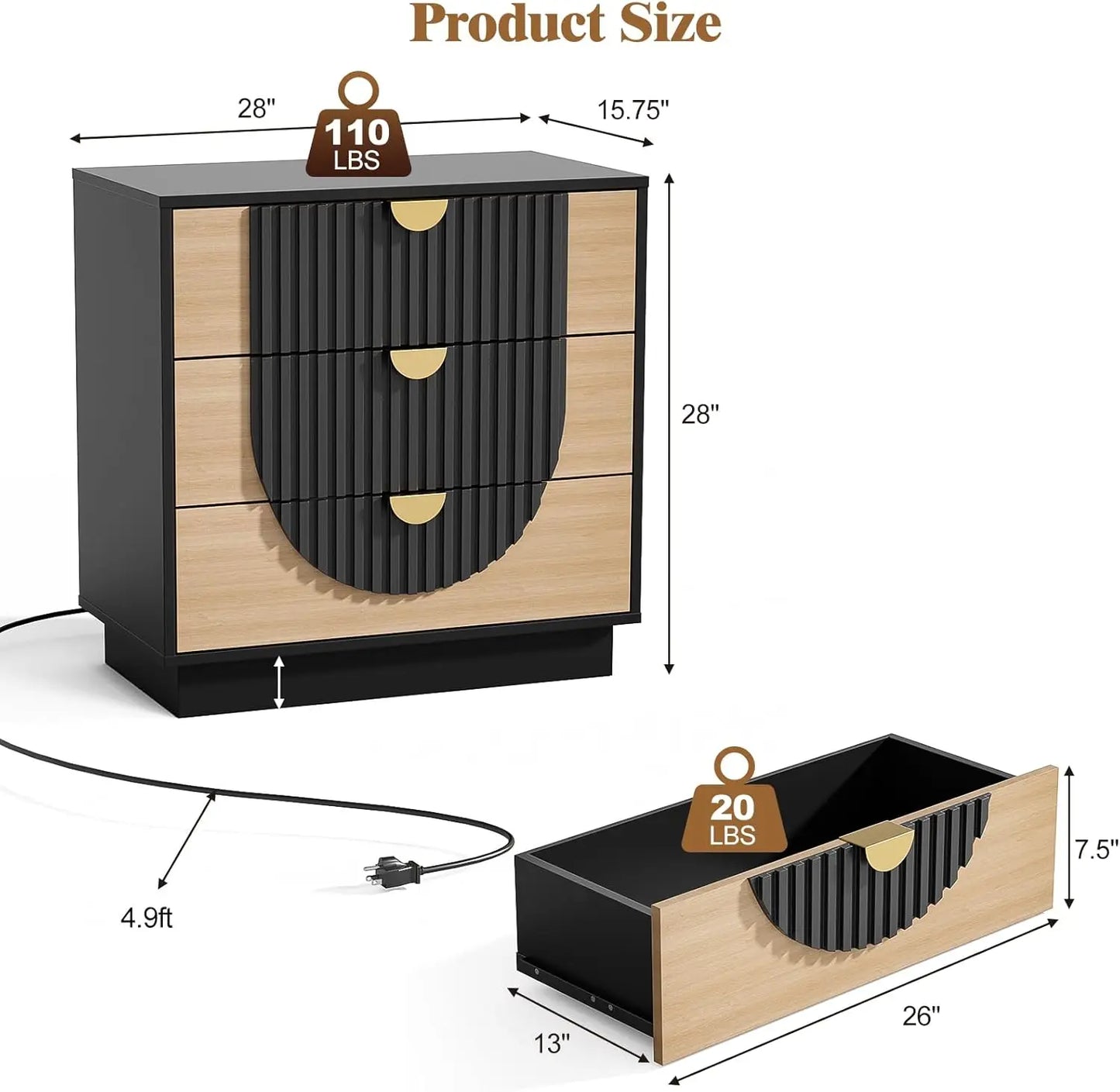 Modern Fluted Wood Nightstand Charging Station Three Drawers Bedside Table