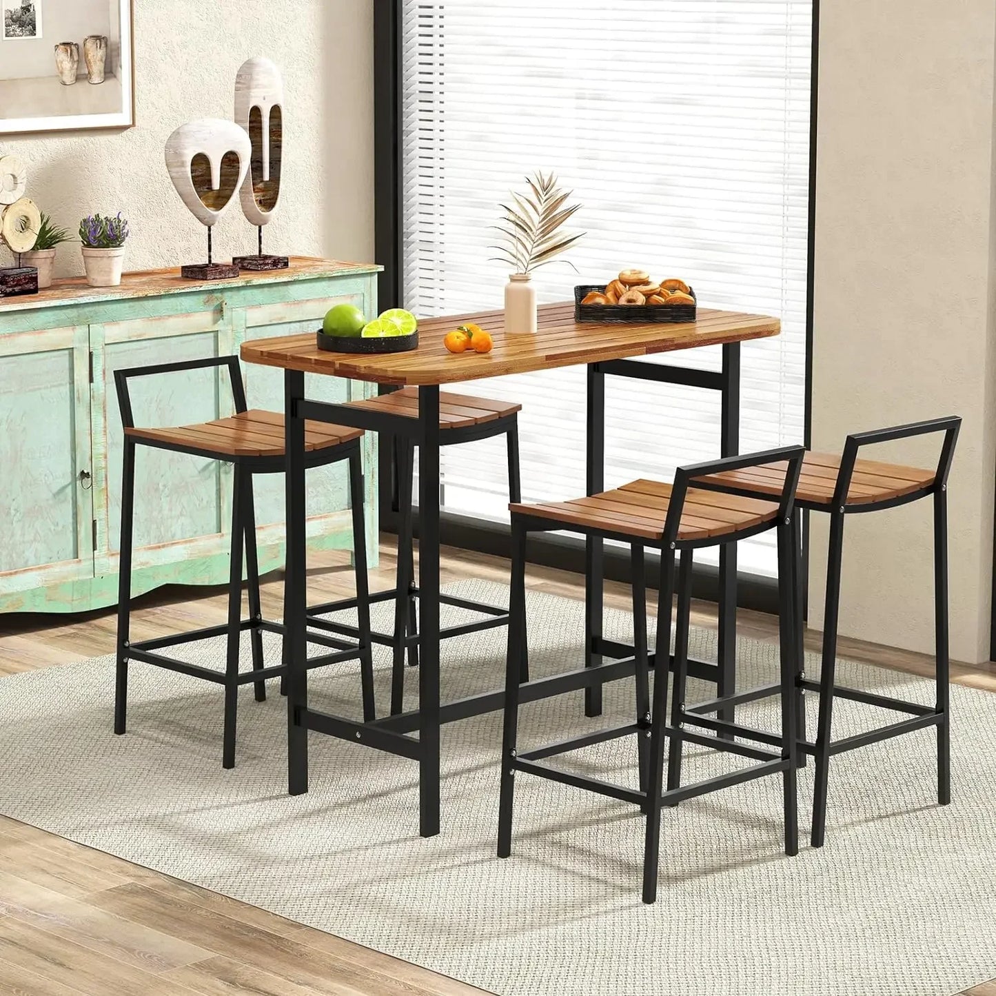 Outdoor Five Piece Acacia Bar Table Set Metal Frame Footrest
