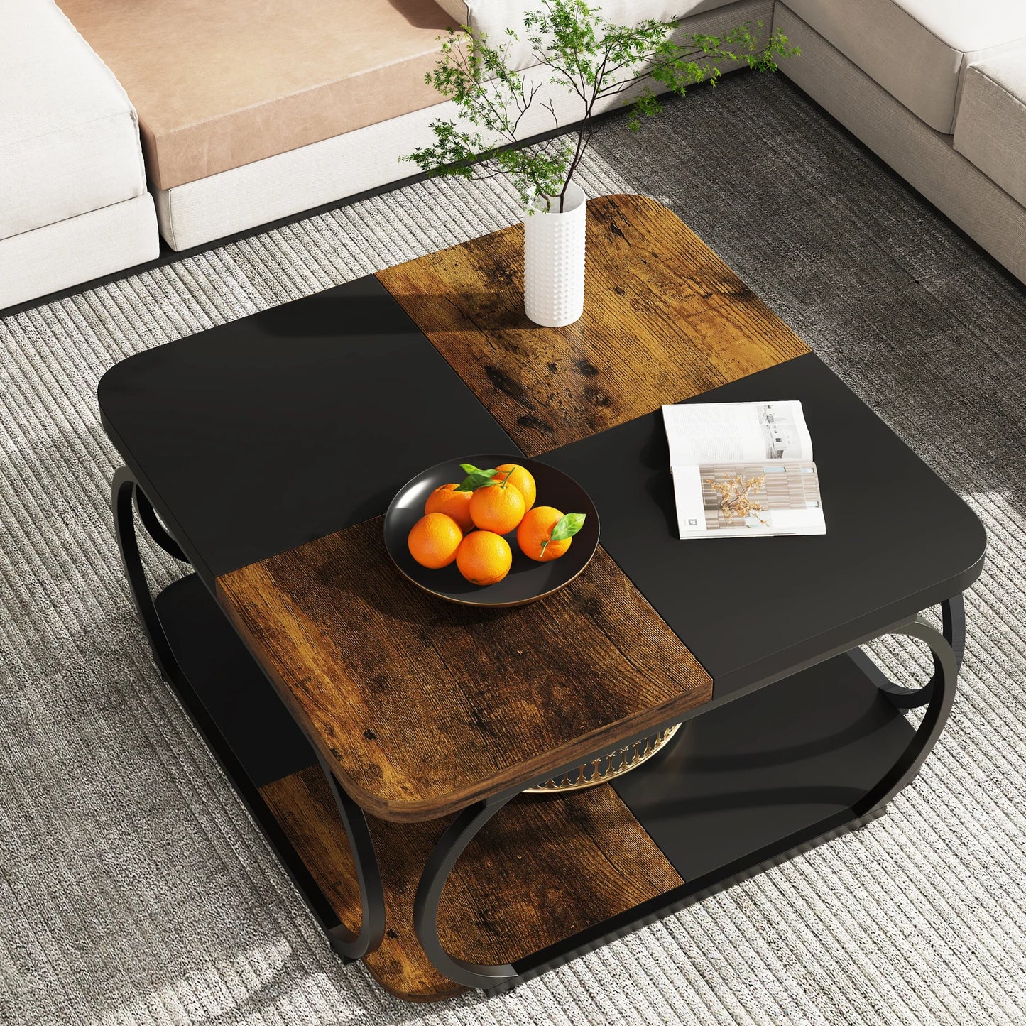 Tribesigns Square Coffee Table With Two Tiers And Metal Frame