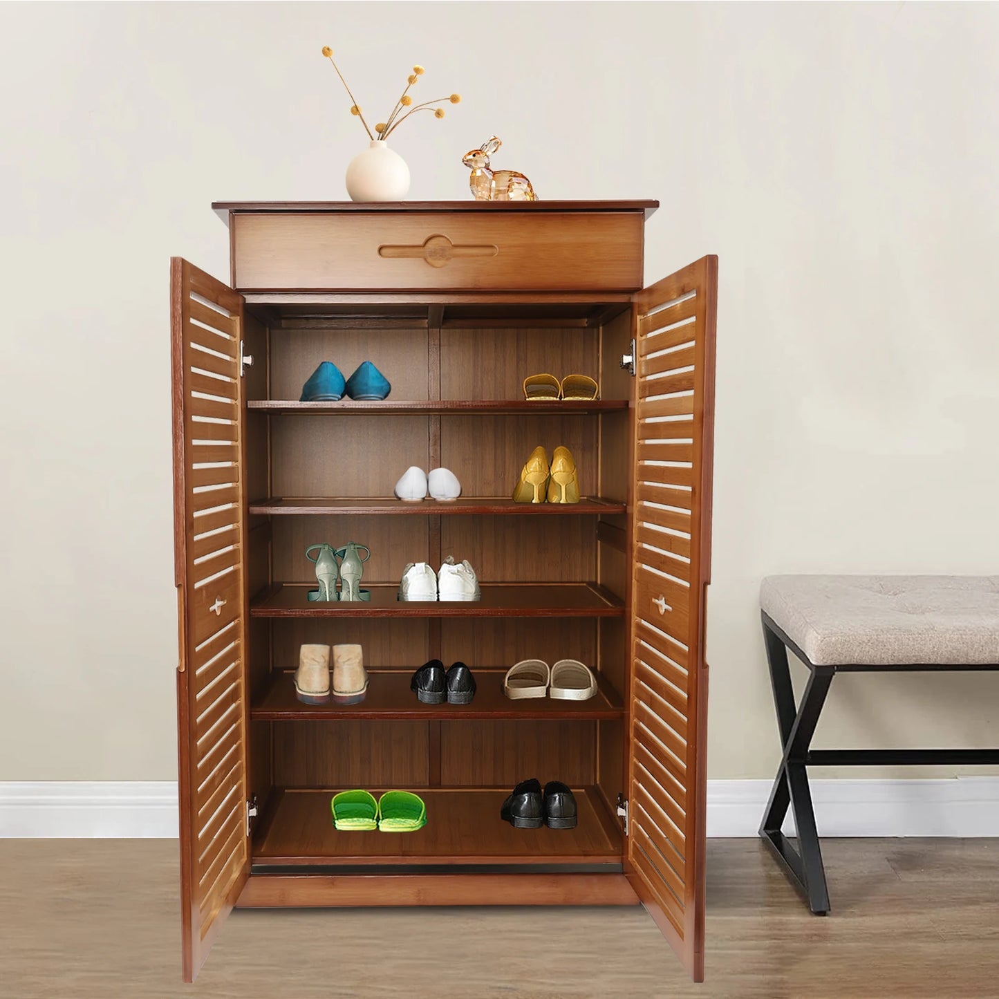 CNCEST 5-Tier Bamboo Shoe Rack with Drawer and Doors