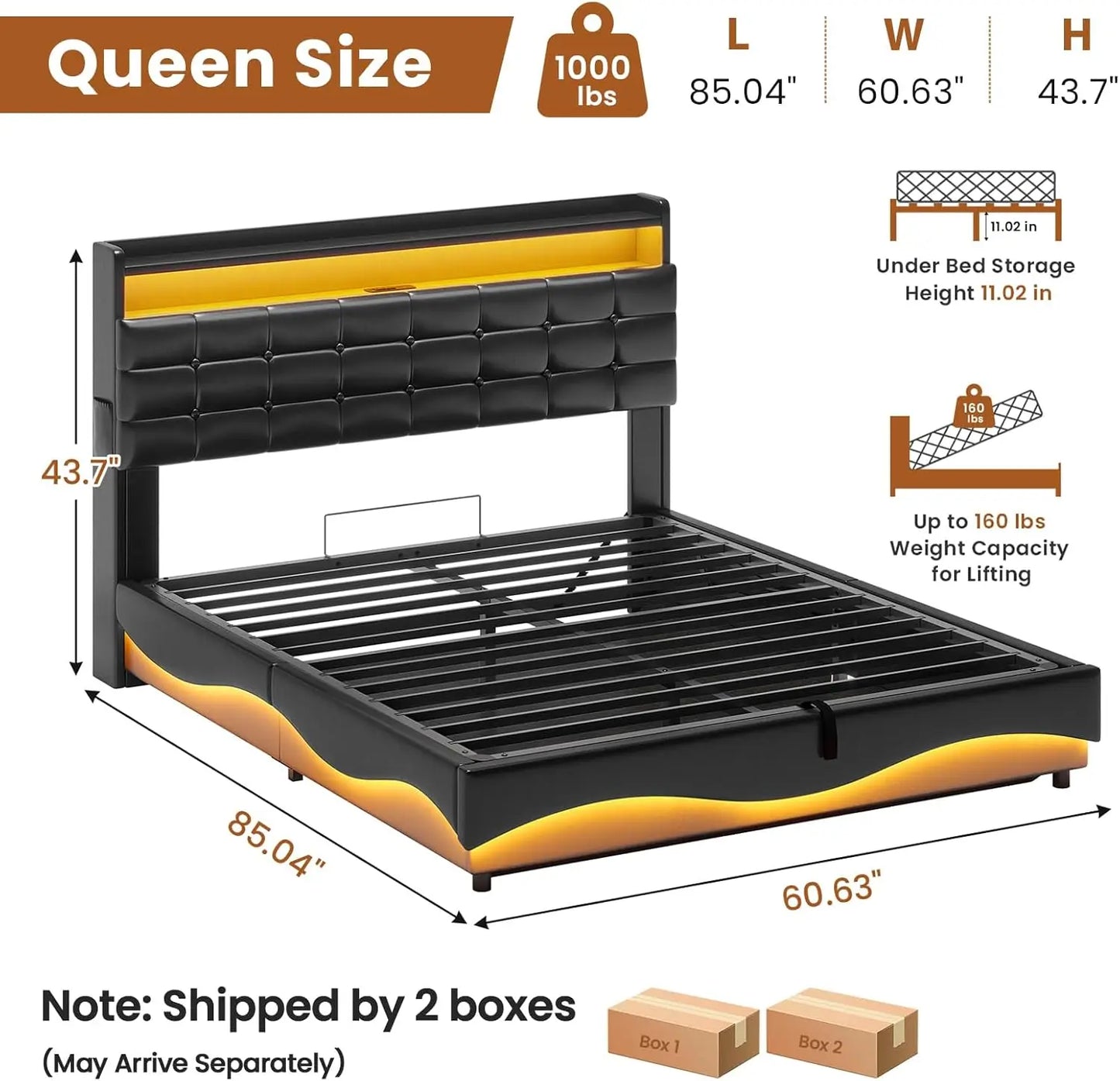 Lift Up Storage Queen Bed Frame with Type-C Charging Station& Hidden Storage Headboard,