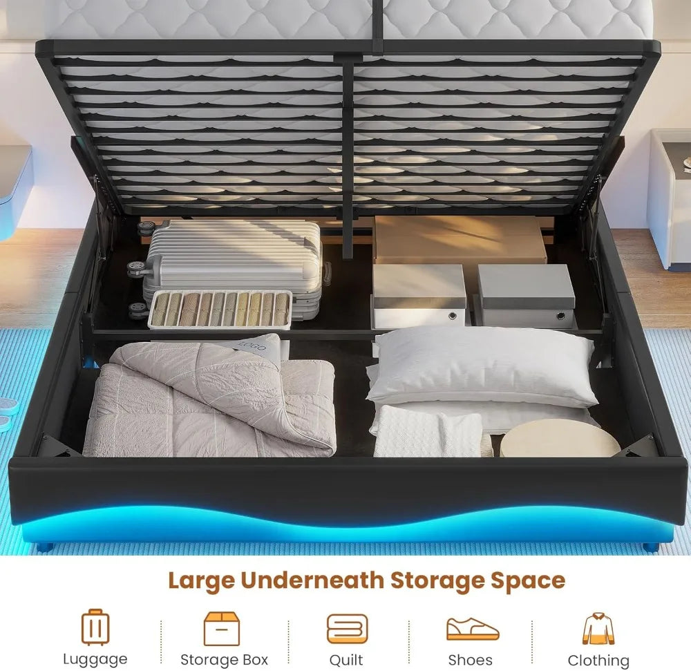 Modern Queen Wood Bed Frame With Lift Storage And LED Lights