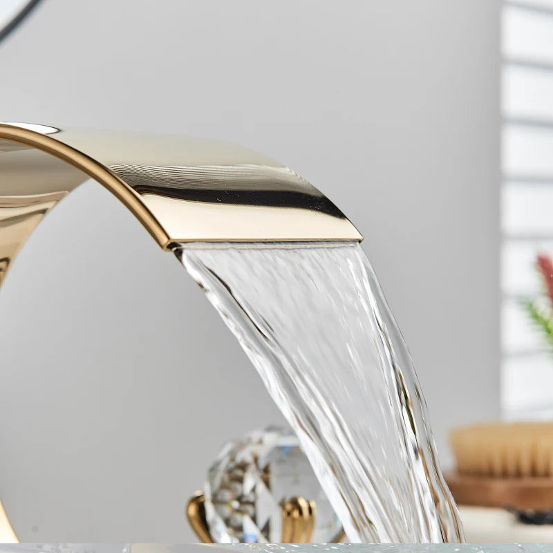 Shinesia Luxury Golden Bathroom Basin Faucet for Vessel Sink Crane Waterfall Hot and Cold Water Mixer Tap Dual Cristal Handle