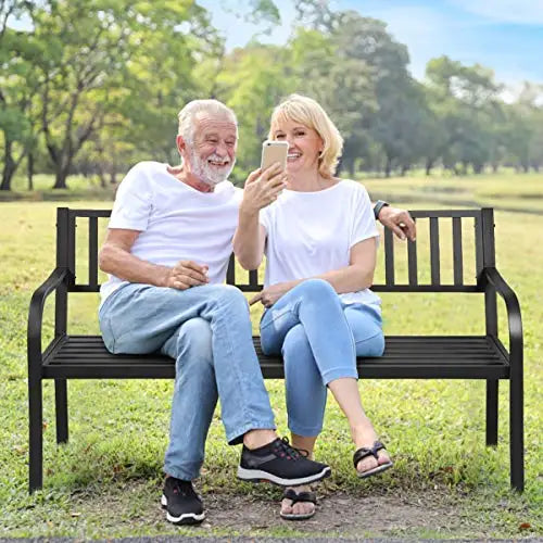 Black Steel Outdoor Garden Bench With Foldable Center Table And Striped Cushions For Patio Lawn Porch