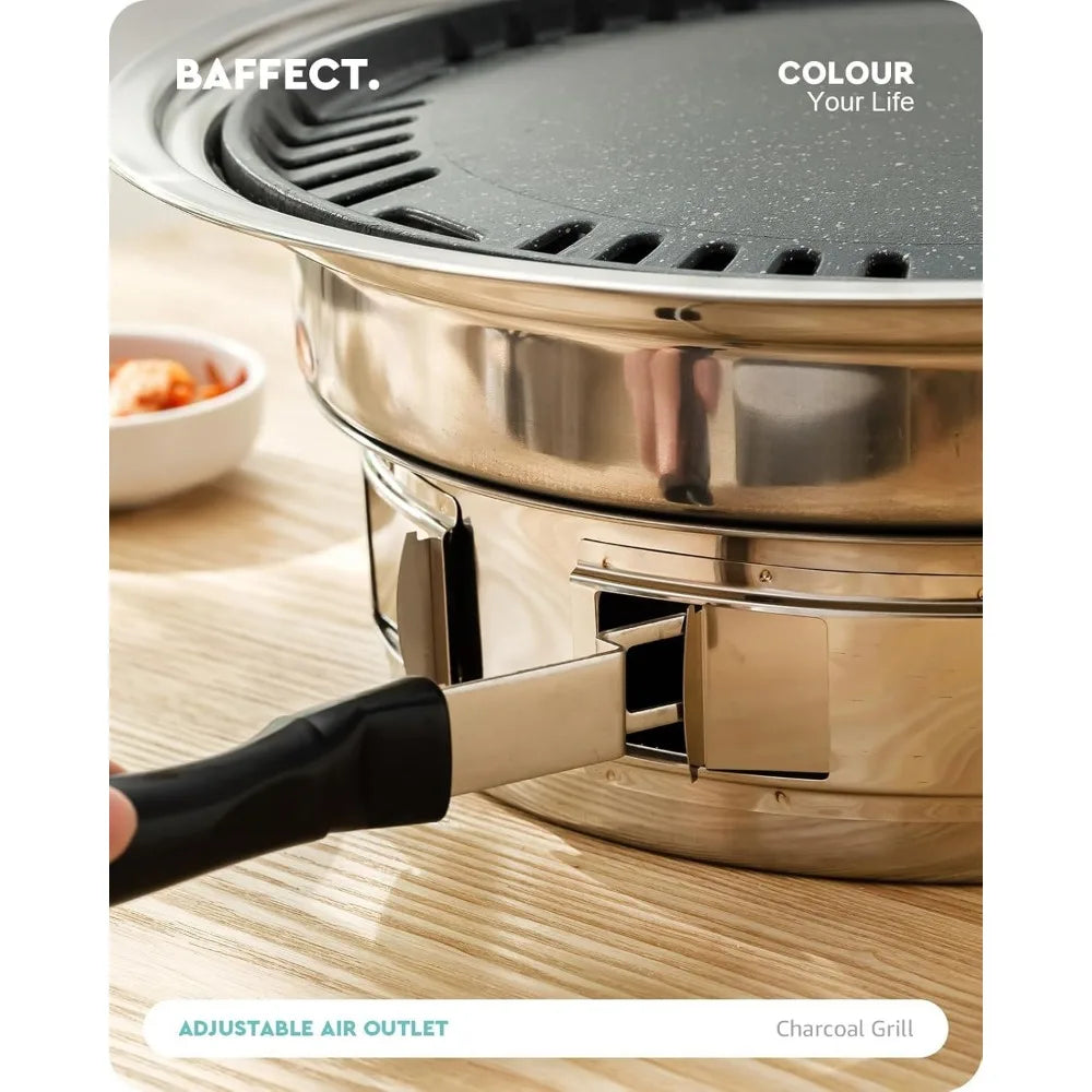 13.7 Inch Non-stick Stainless Steel Korean BBQ Grill Portable Charcoal Stove for Outdoor Camping Picnic Indoor Party Cooking