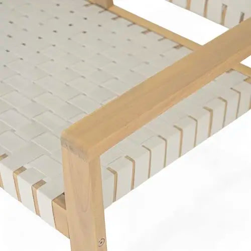 Outdoor Two-Person Bench Featuring Acacia Wood Frame And White Woven Rope Seating For Patio Garden Balcony Use