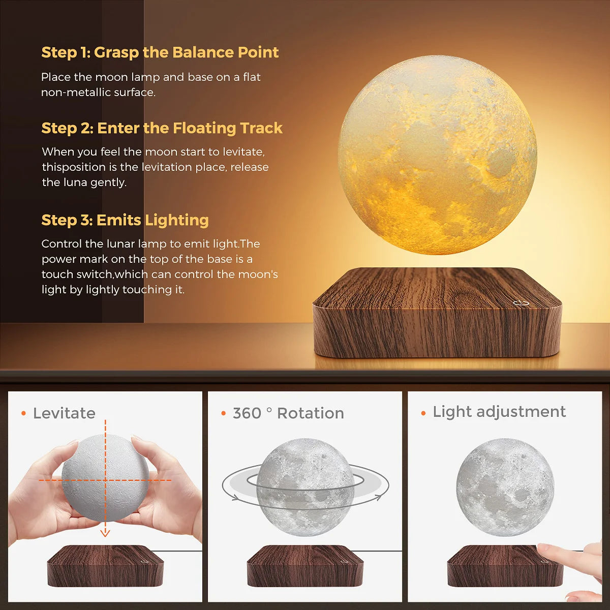 Mexllex Magnetic Rotating Moon Lamp With Wooden Base And 3 Color Temperature LED