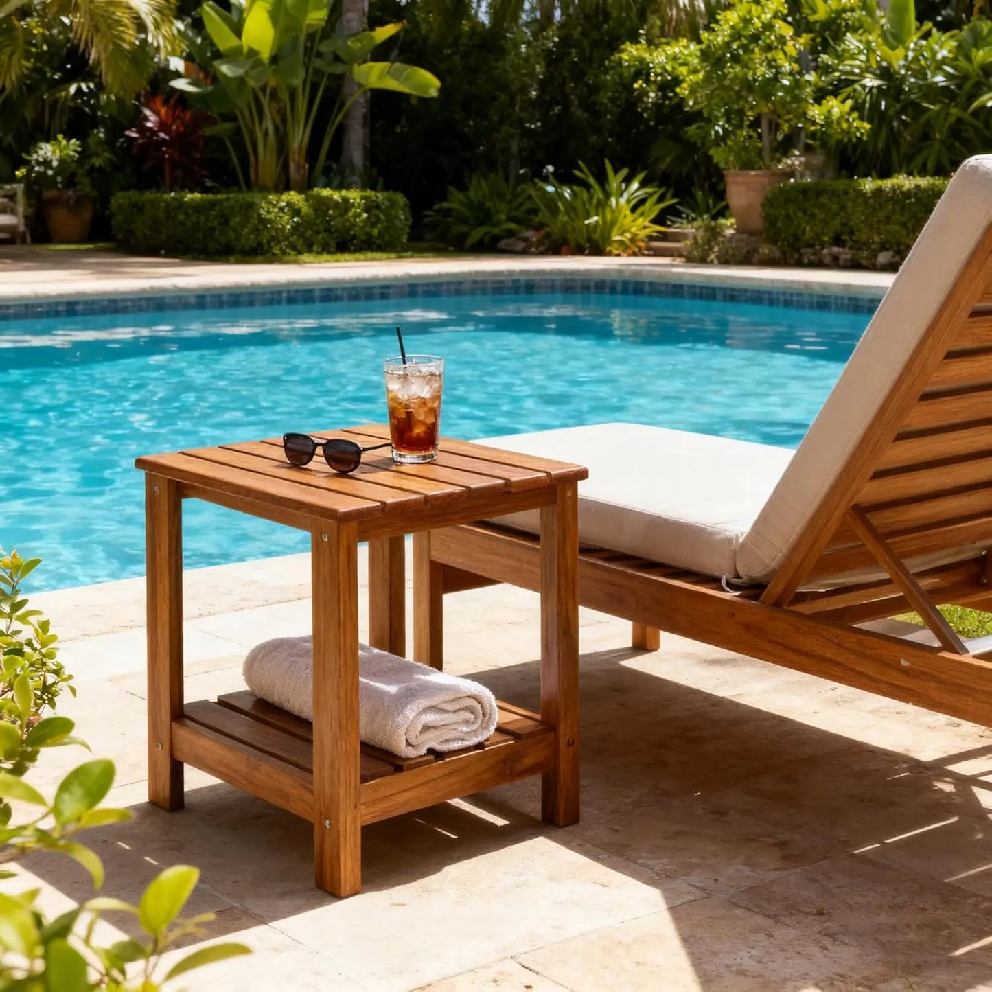 Teak Outdoor Side Table, Double Layer Patio End Table for Garden, Living Room, Couch, Two-Tier