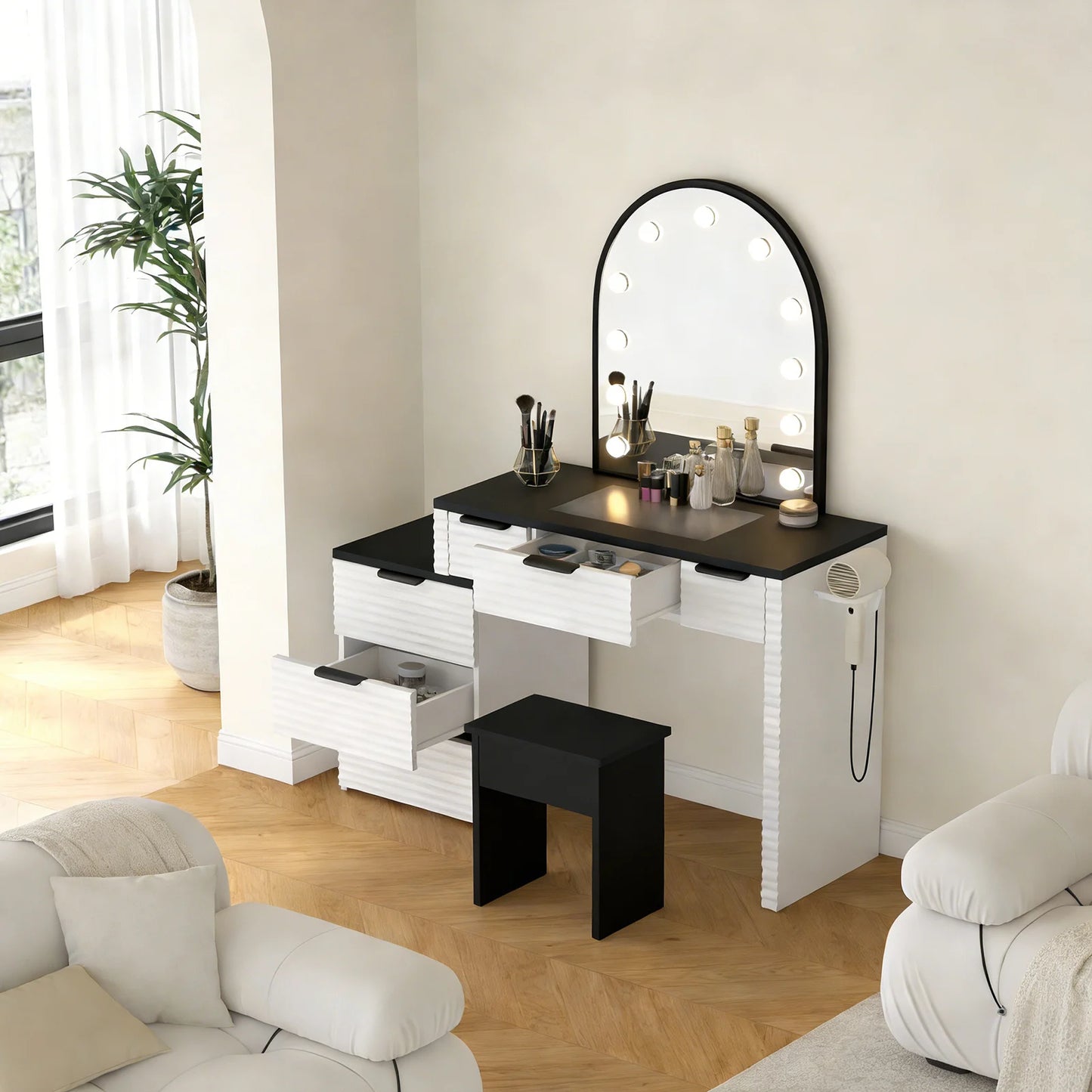Vanity Desk Chair Set With Mirror Light And Power Outlet