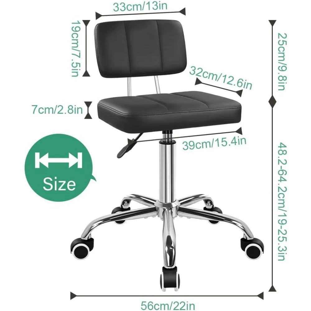 Square Swivel Stool with Back Wheels Adjustable Height for Office Home Work Spa Black