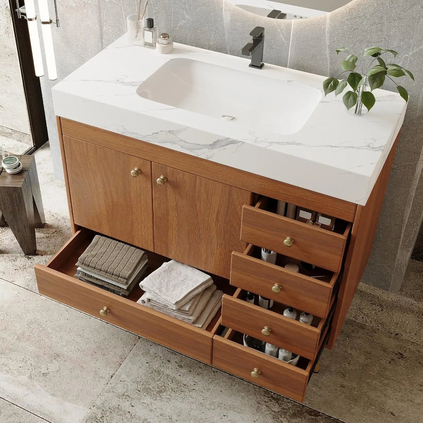 36" Freestanding Bathroom Vanity, Black & White | Ceramic Sink, Faux Marble Top, 5 Drawers, 2 Soft-Close Doors Cabinet, Custom