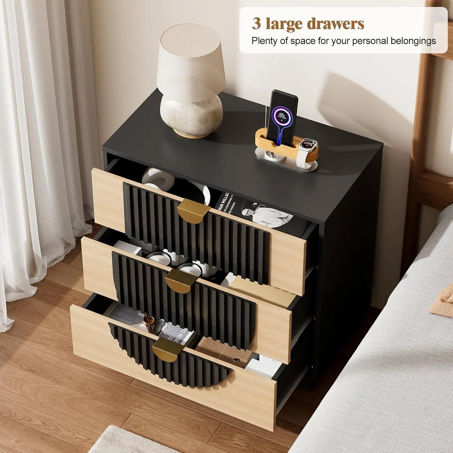 Modern Fluted Wood Nightstand Charging Station Three Drawers Bedside Table