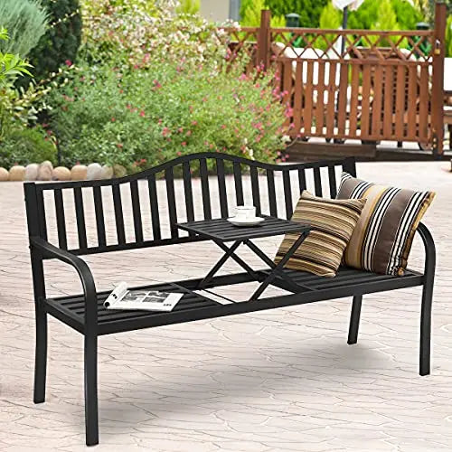 Black Steel Outdoor Garden Bench With Foldable Center Table And Striped Cushions For Patio Lawn Porch
