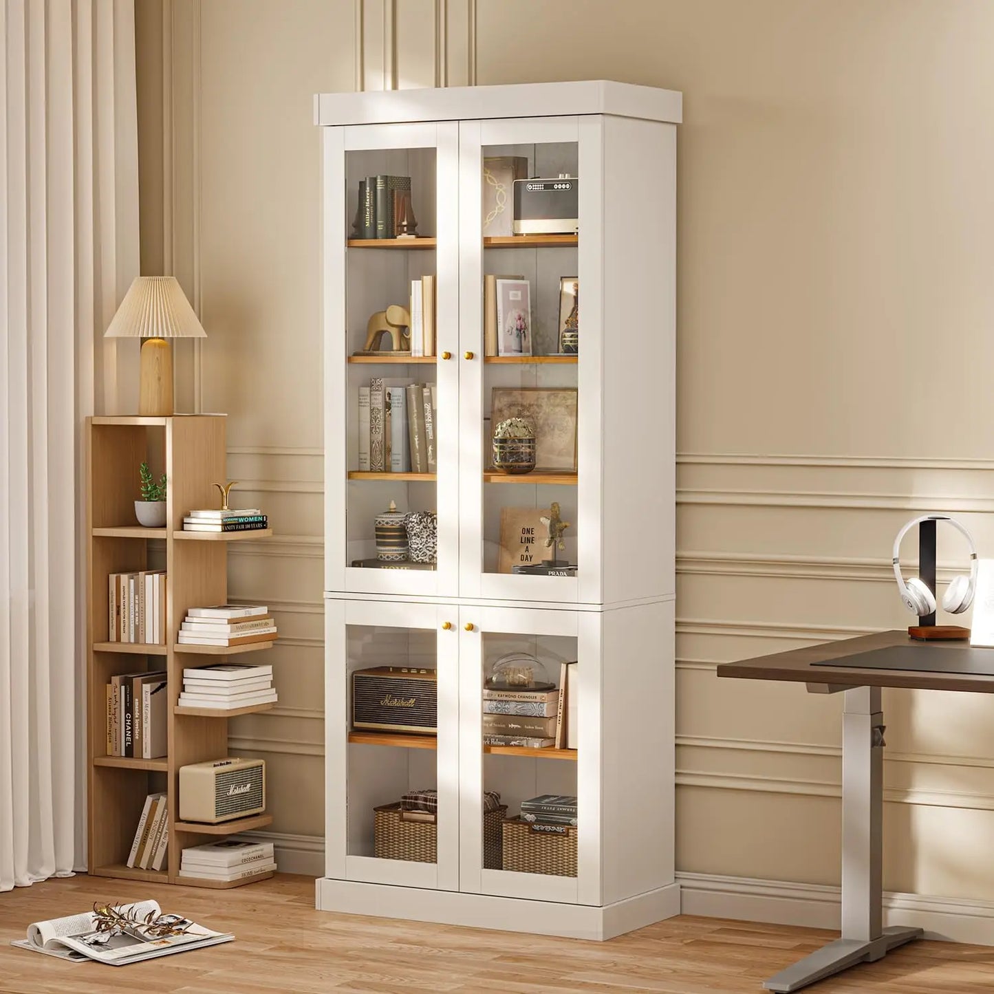 70.8" Bookshelf with Glass Doors, Farmhouse Modular Bookcase with 6-Tier Adjustable Shelves, Large Storage Cabinet, Customized