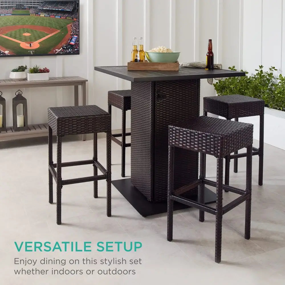 5Piece Outdoor Wicker Bar Table Set for Patio, Poolside, Backyard w Builtin Bottle Opener, Hidden Storage Shelf, Metal Tabletop