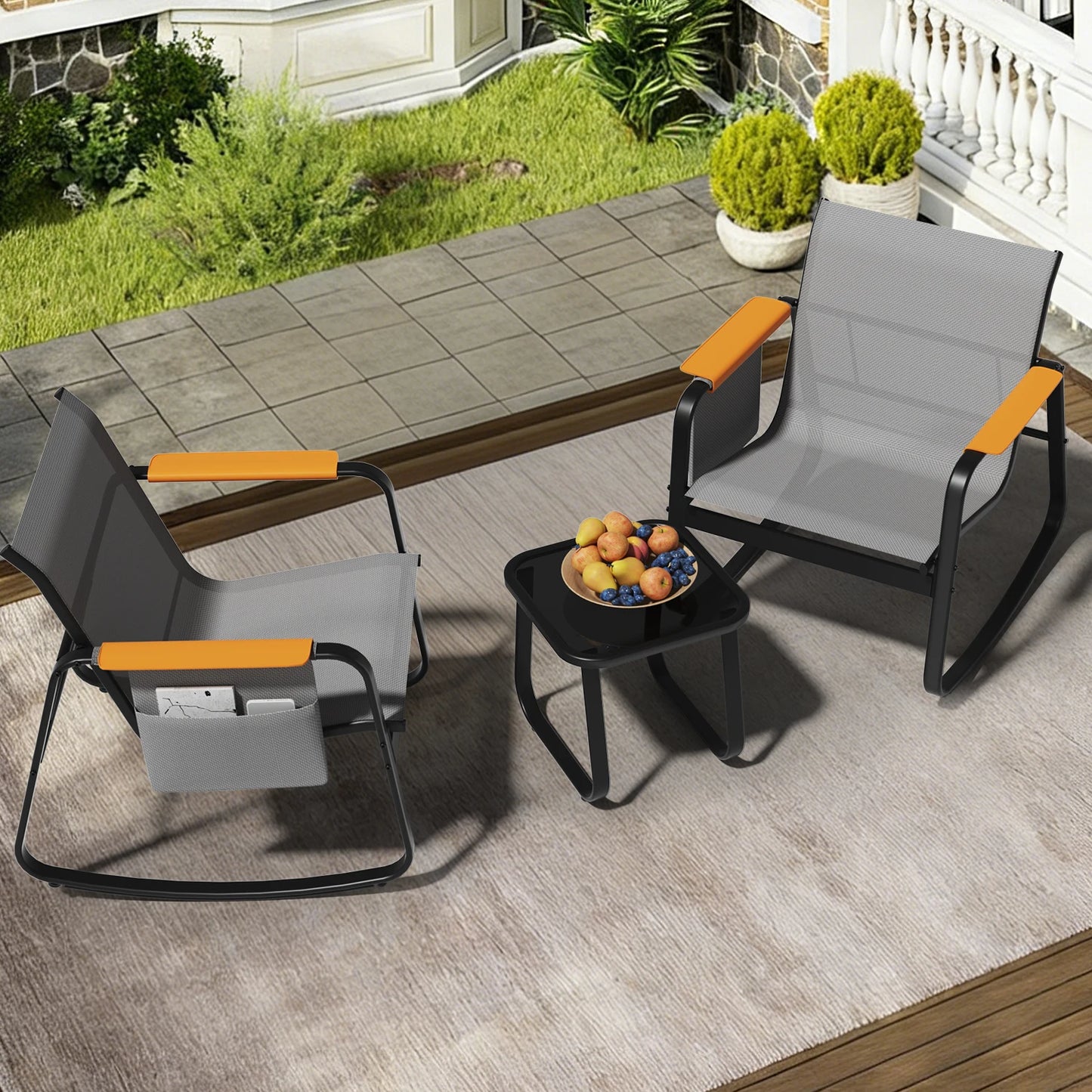 3-Piece All-Weather Outdoor Bistro Conversation Set,Breathable Textilene Rocking Chairs with Wide Armrests & Side Storage Pockets, All-Weather Furniture with Glass Side Table for Backyard
