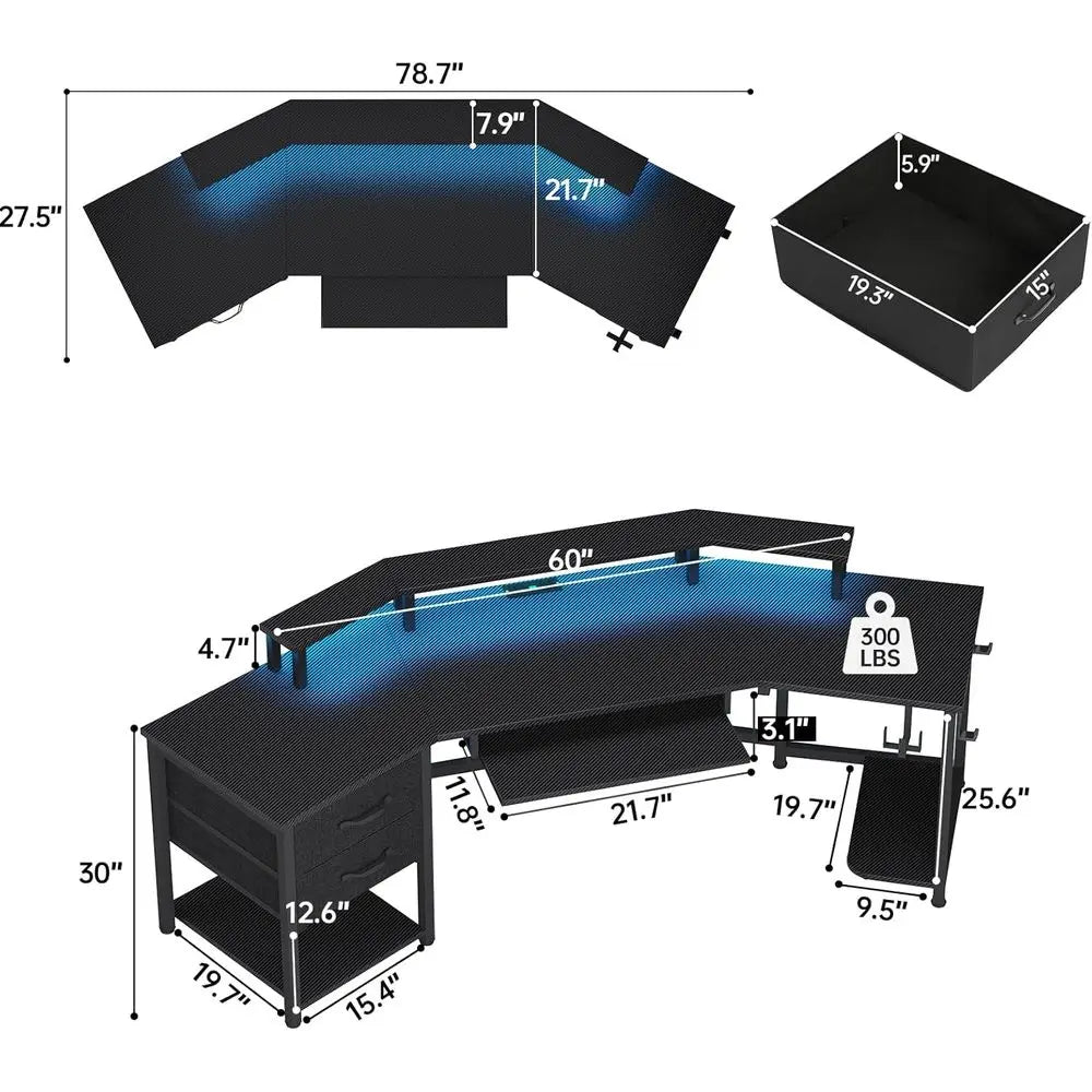 L Shaped Gaming Desk With Drawers Shelves And LED Lighting