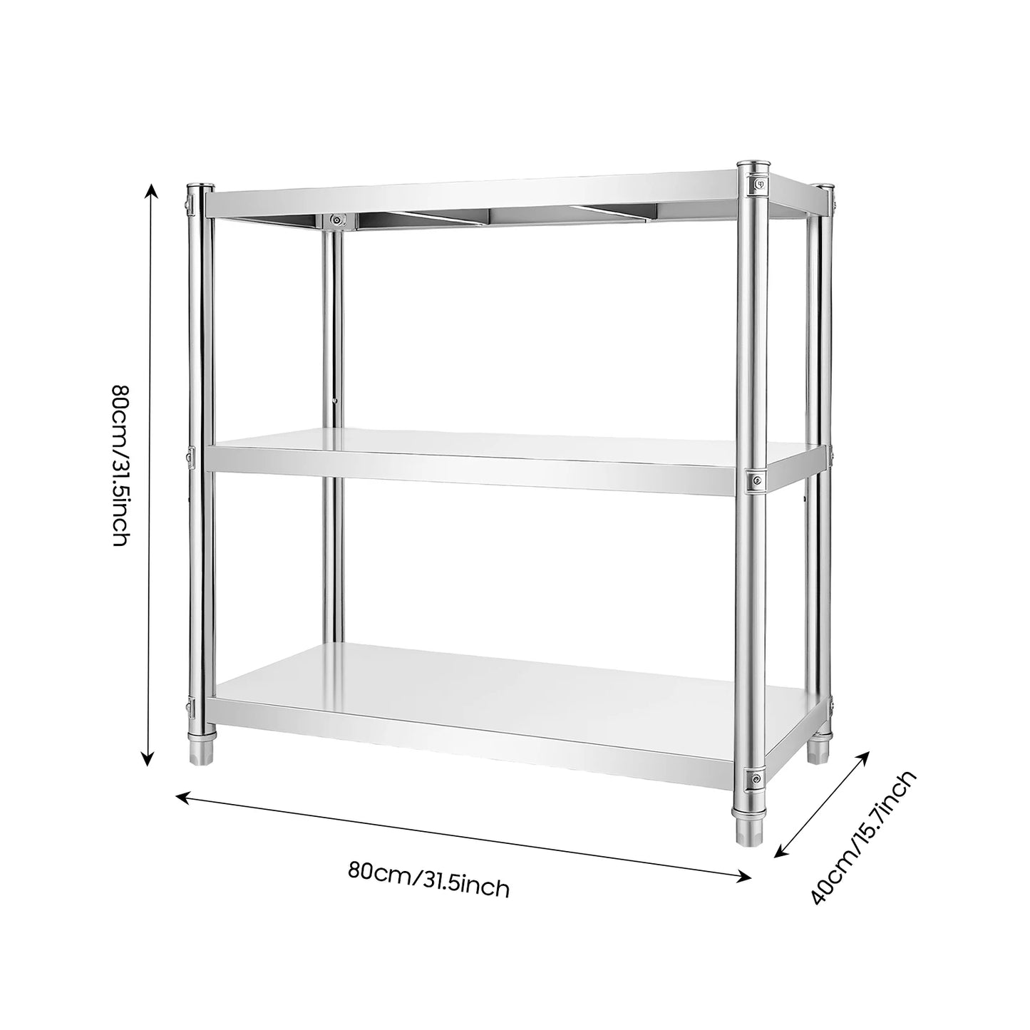 3-Tier Stainless Steel Work Table 80*40*80cm Large-Capacity Kitchen Storage Rack for Kitchen Garage school, Height Adjustable