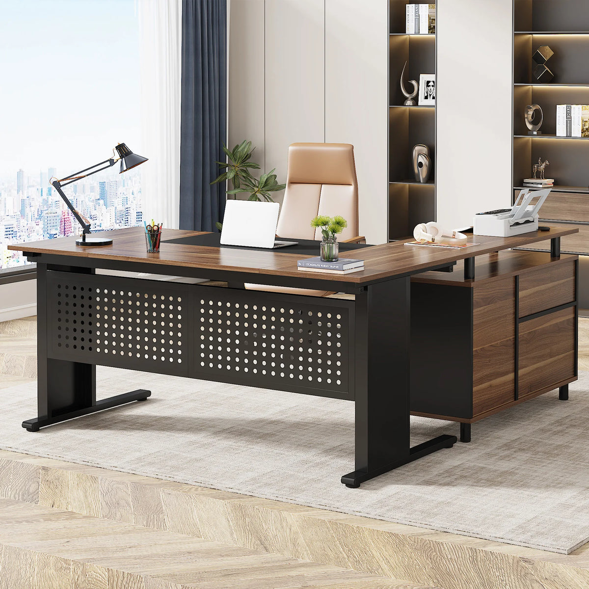 Tribesigns Executive Office Desk With File Cabinet And Storage Shelves