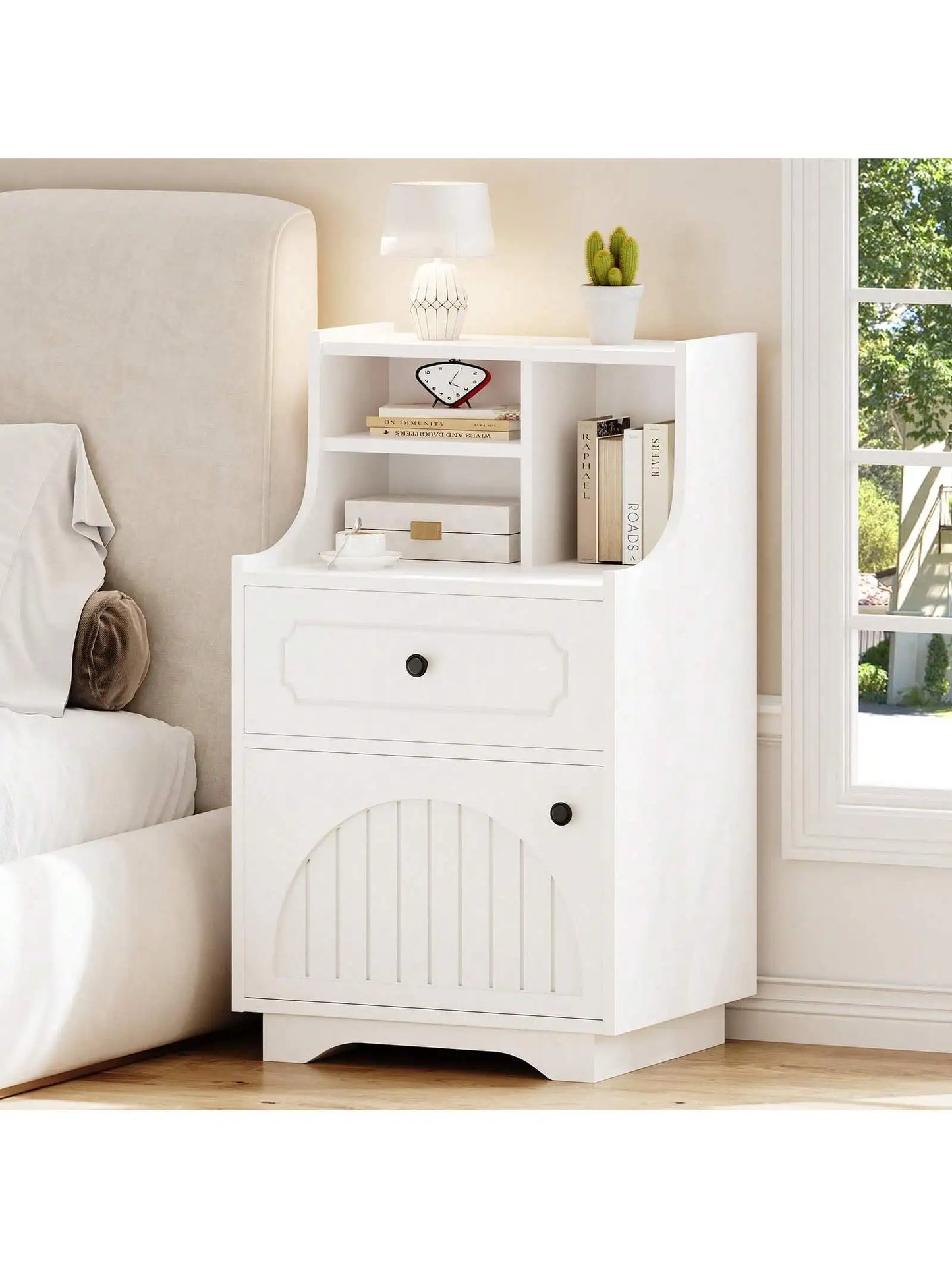 Farmhouse Modern Nightstand With Drawers And Barn Door Storage