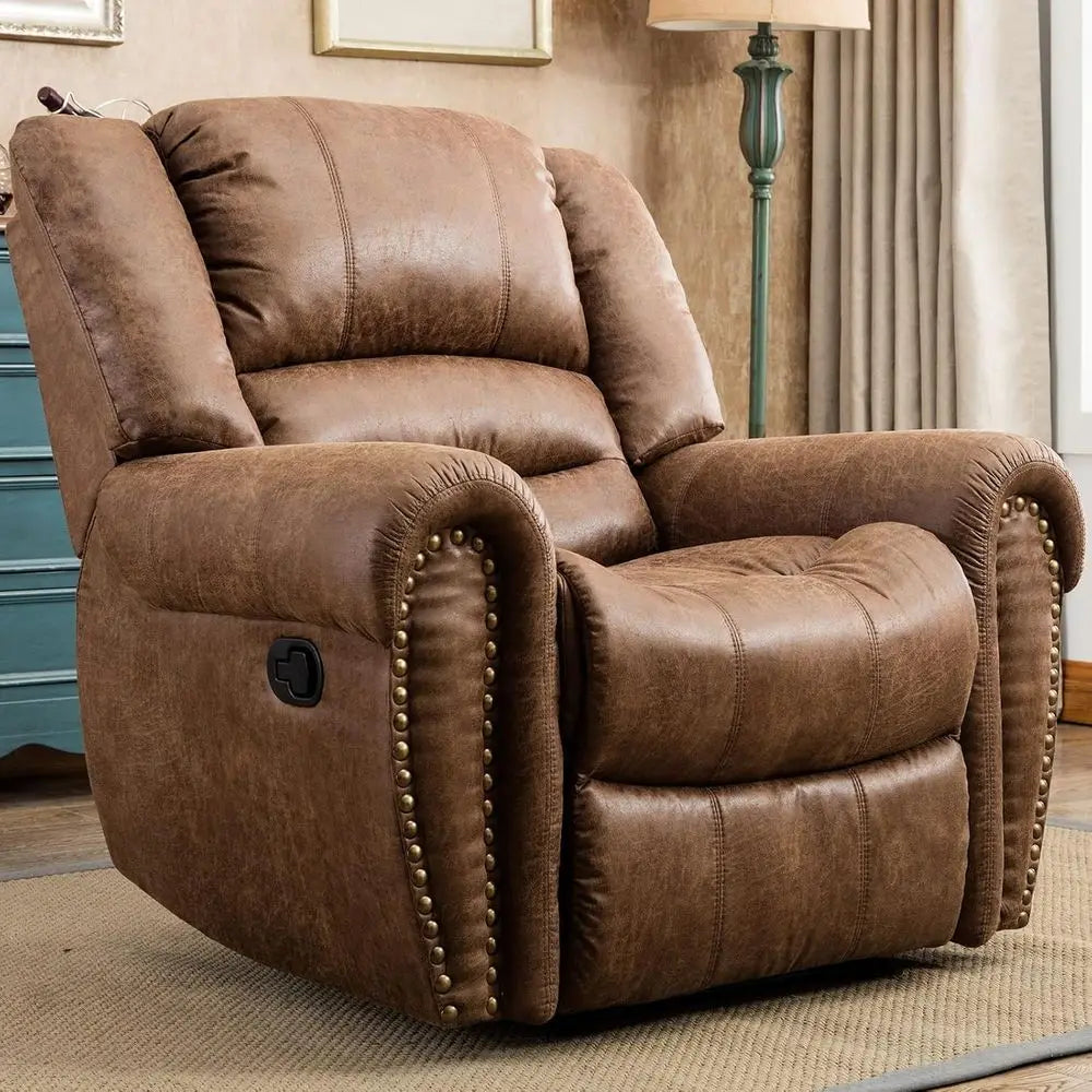 Leather Manual Recliner Chair With Wooden Frame For Living Room