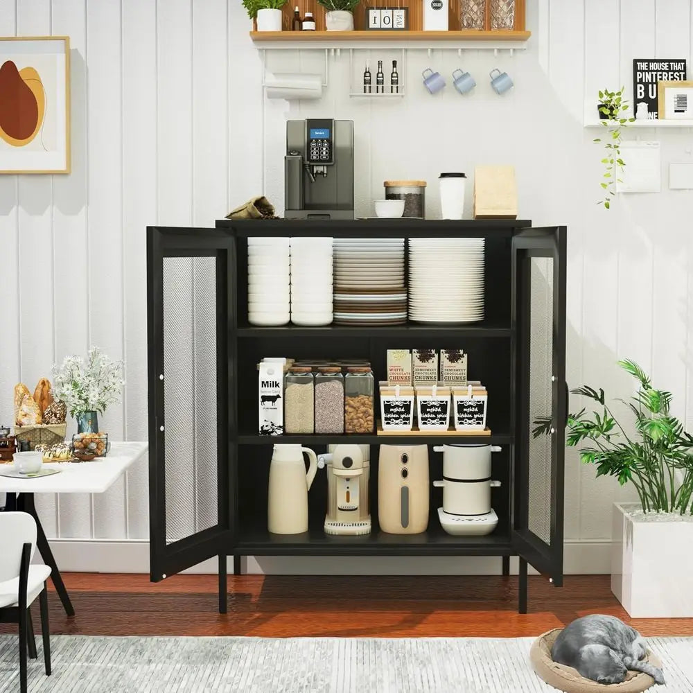 Black Metal Storage Cabinet With Mesh Door And Shelves
