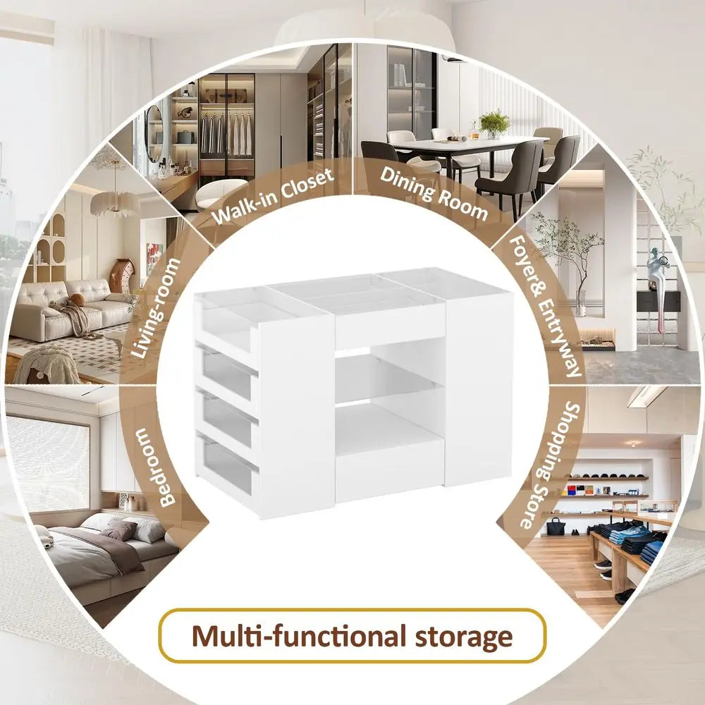 Closet Island with Drawers, Wardrobe Armoire Bedroom Island, Glass Display Shelf amp 12 Drawers, White Dresser with Glass Top,