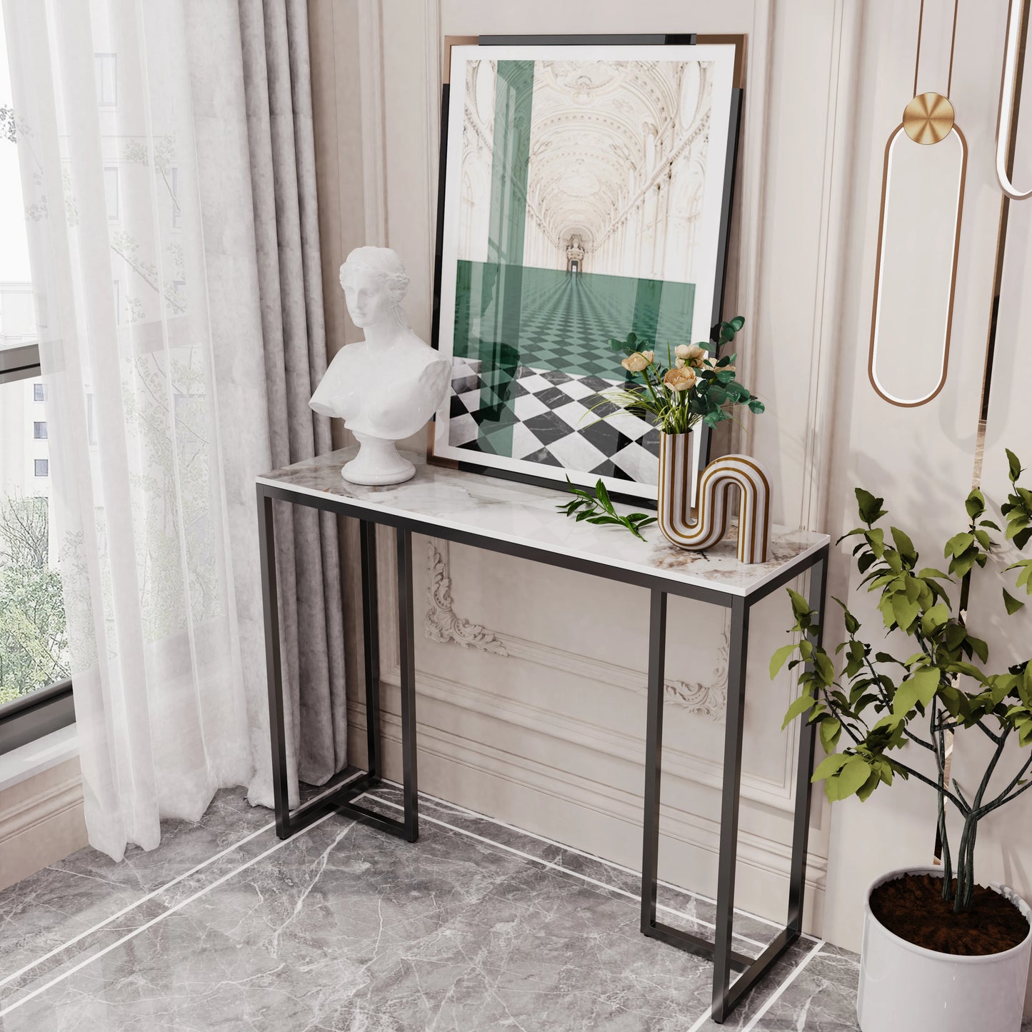 Marble Console Table Modern Accent Side Stand Sofa Entryway Hall Furniture Storage Display Table Metal Frame