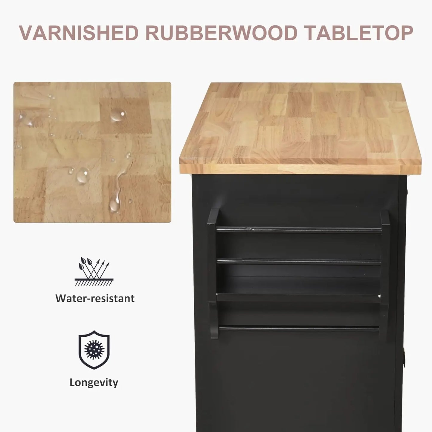 Kitchen Island Cart with Solid Wood Top, 44" Mobile Kitchen Island Table on Wheels with Storage Cabinets, 2 Drawers