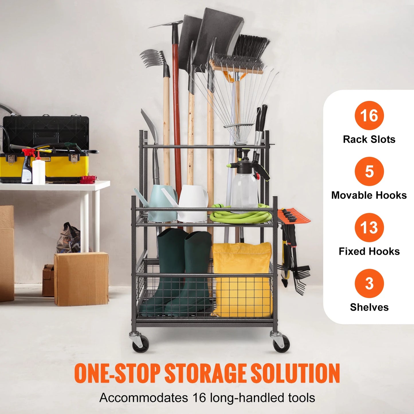 Garden Tool Organizer Tower Rack With Hooks Wheels 16 Slot