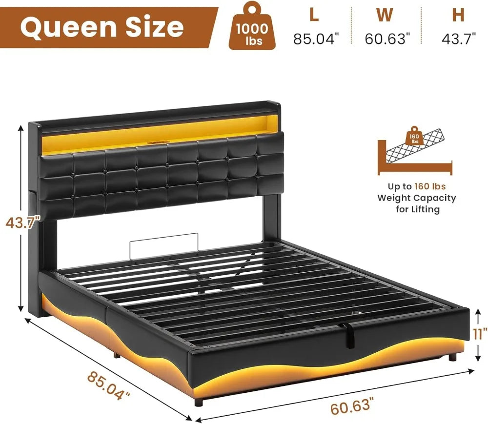 Modern Queen Wood Bed Frame With Lift Storage And LED Lights