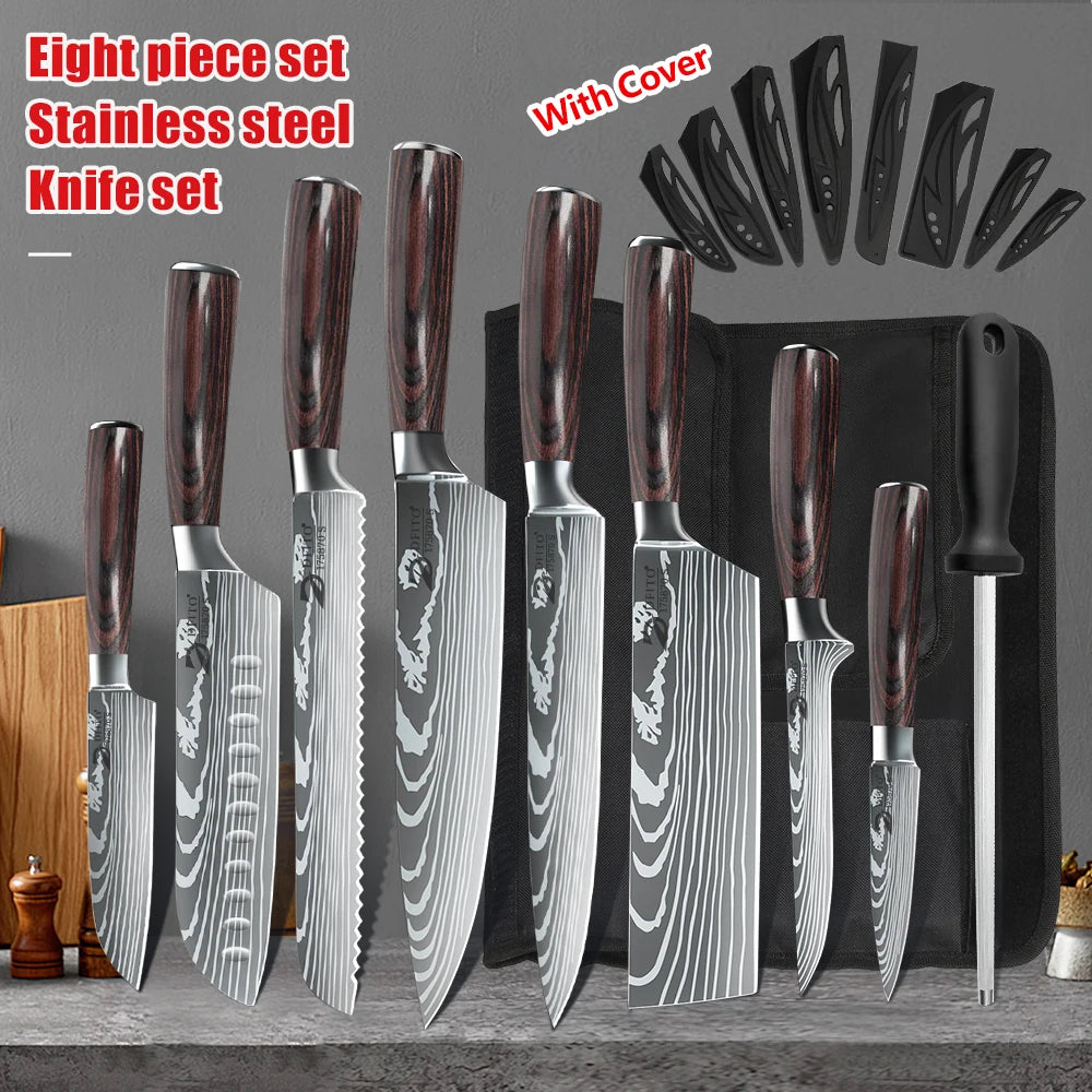 KEPEAK Kitchen Knife Set 7Cr17Mov Stainless Steel Chef Santoku Cleaver