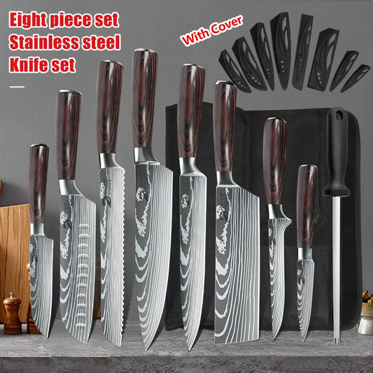 KEPEAK Kitchen Knife Set 7Cr17Mov Stainless Steel Chef Santoku Cleaver